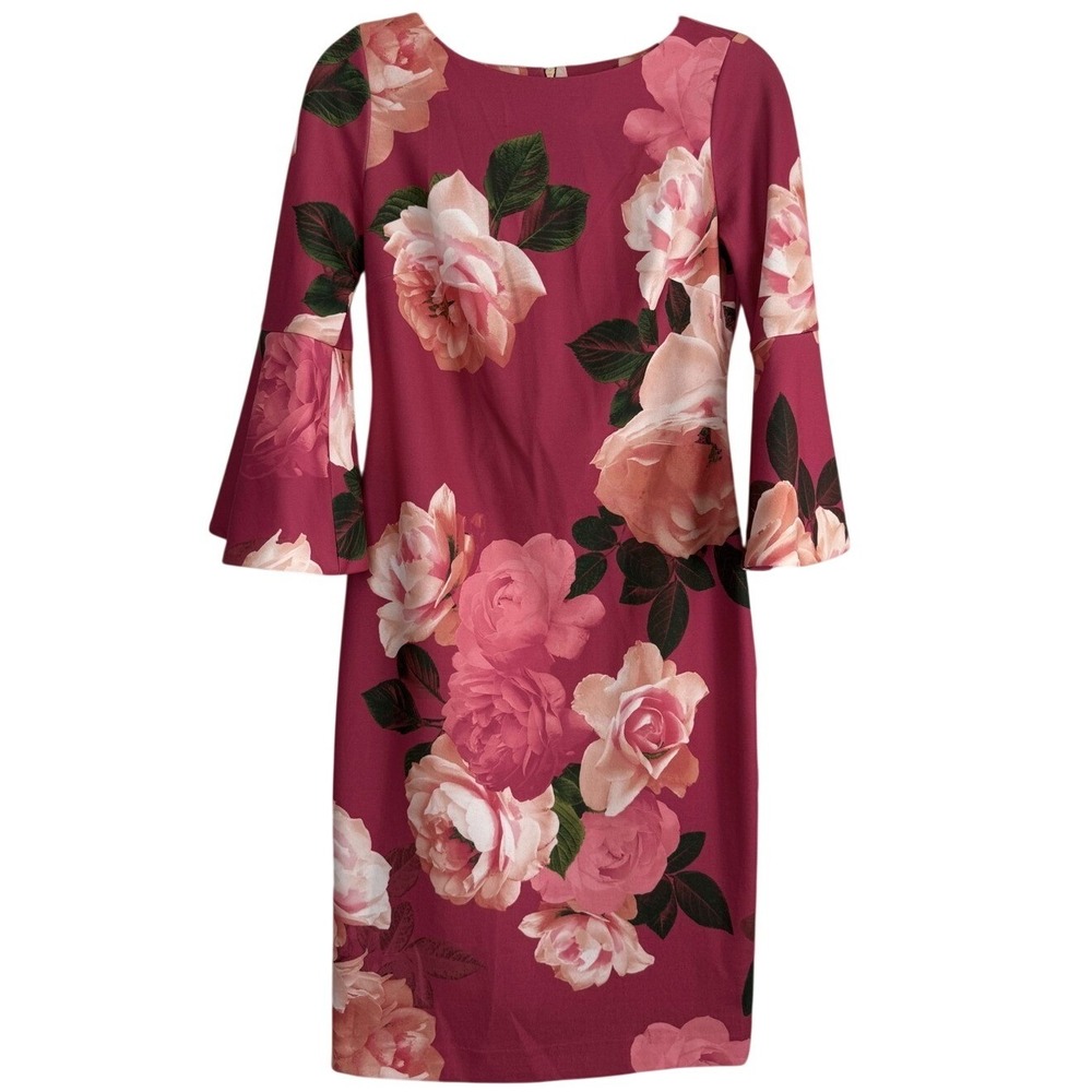 Calvin‎ Klein Pink Floral Bell Sleeve Sheath Dress Magenta Rose Print Size 4